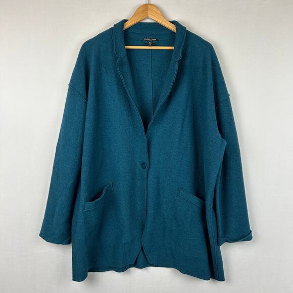 Eileen Fisher 100% Merino Wool One Button Coat Teal Blue/Green Women's Size 2X - Picture 1 of 9
